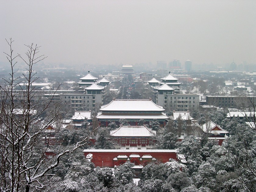 Zhonglou (Bell Tower) & Gulou (Drum Tower). View from Jingshan Park on Children's Palace and Gulou (Drum Tower). Beijing. .