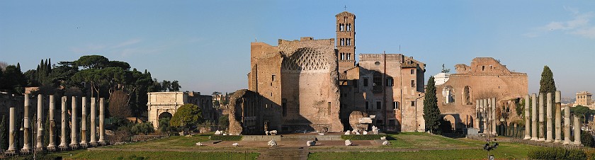 East of the Colosseum and Palatine Hill. View on the Roman Forum from the Colosseum, Tempio di Venere e Roma, Basilica di Constantino. Rome. .