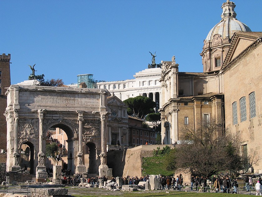 Roman Forum. Via Sacra, Curia, Arco di Settimio Severo. Rome. .