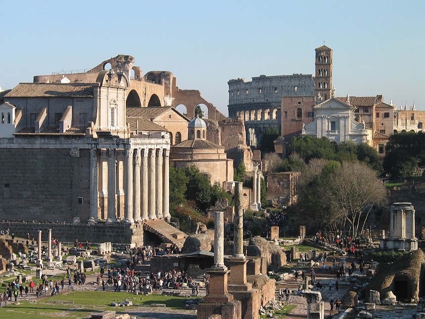 Roman Forum. Tempio di Antonino e Faustia, Chiesa di San Lorenzo in Miranda, Basilica di Constantino, Chiesa di Santa Francesca Romana, Colloseum. Rome. .