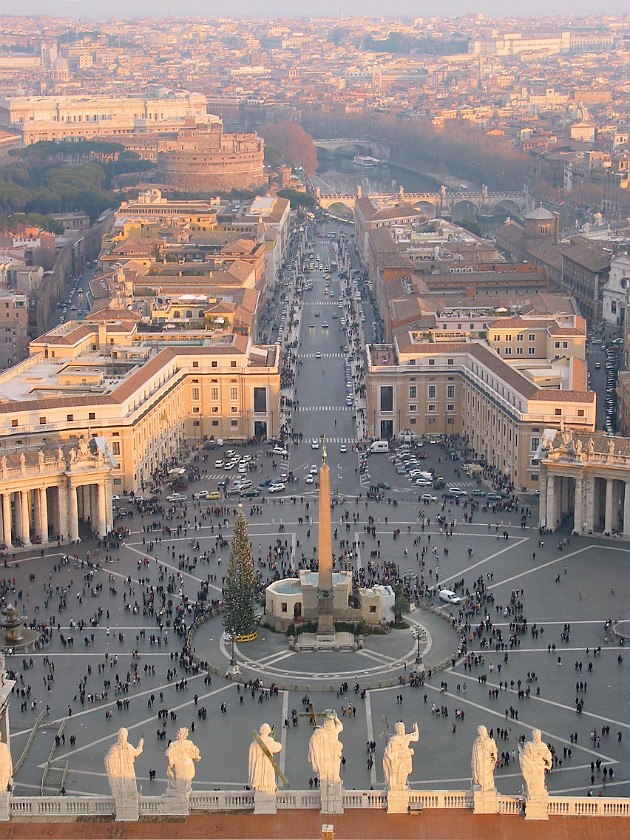 St. Peter's Basilica. View from the Dome of St. Peter's Basilica to the Piazza San Pietro. Vatican City. .