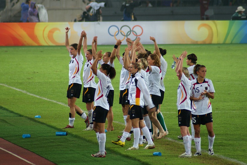 Women's Football Bronze Match Germany vs Japan. Team celebrates the victory. Beijing. .