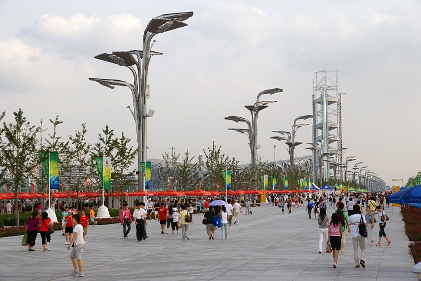 Olympic Green at Daytime. Promenade, Linglong Tower and National Stadium. Beijing. .