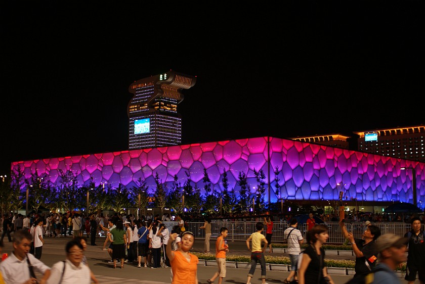 Olympic Green at Night. National Aquatics Center and Pangu Plaza office tower. Beijing. .