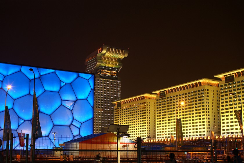 Olympic Green at Night. National Aquatics Center and Pangu Plaza. Beijing. .