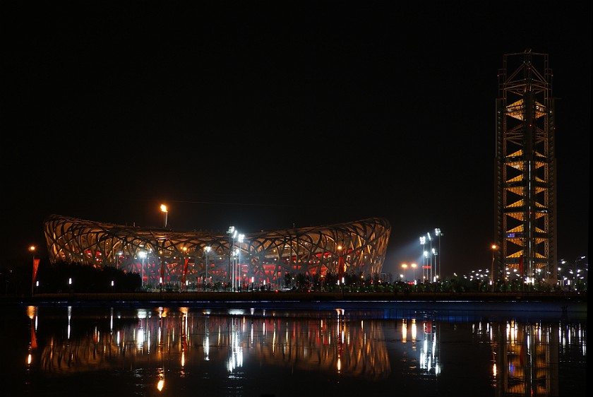 Olympic Green at Night. National Stadium and Linglong Tower. Beijing. .