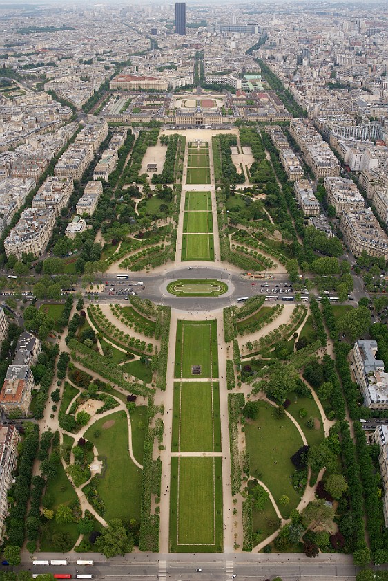 Eiffel Tower. View from Eiffel Tower on Field of Mars, Military Academy and Montparnasse Tower. Paris. .