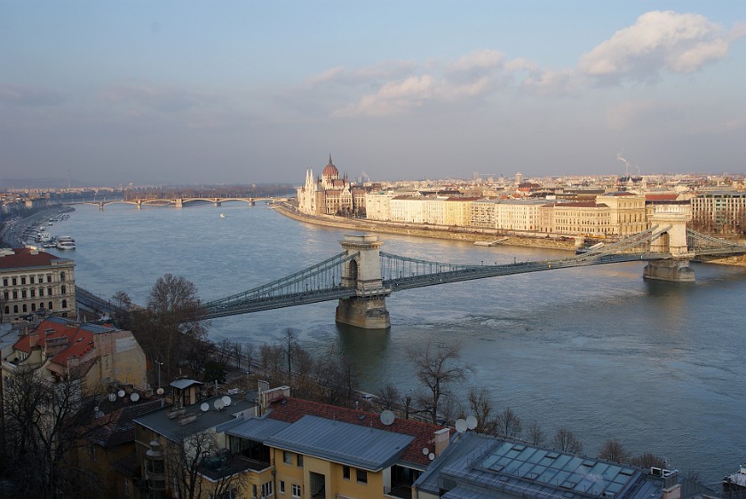 Budapest and the Danube. View on Pest with the Parliament and the Chain Bridge. Budapest. .
