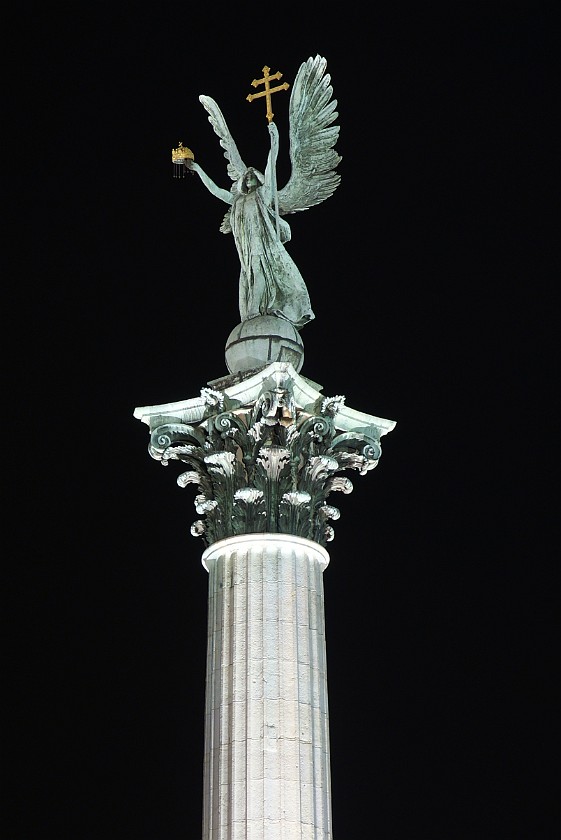 Around Heroes' Square. Archangel Gabriel with St. Steven's Crown and Apostolic Cross. Budapest. .