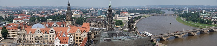 Dresden Inner City. View from the Frauenkirche on castle, cathedral and Elbe. Dresden. .