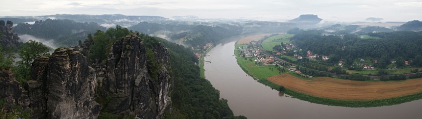 Bastei. South-western view on the Elbe with the Bastei. Saxon Switzerland. .