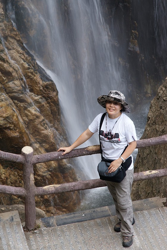 Shanxi Taiping Forest Park. Portrait in Front of Water Fall. near Xi'an. .