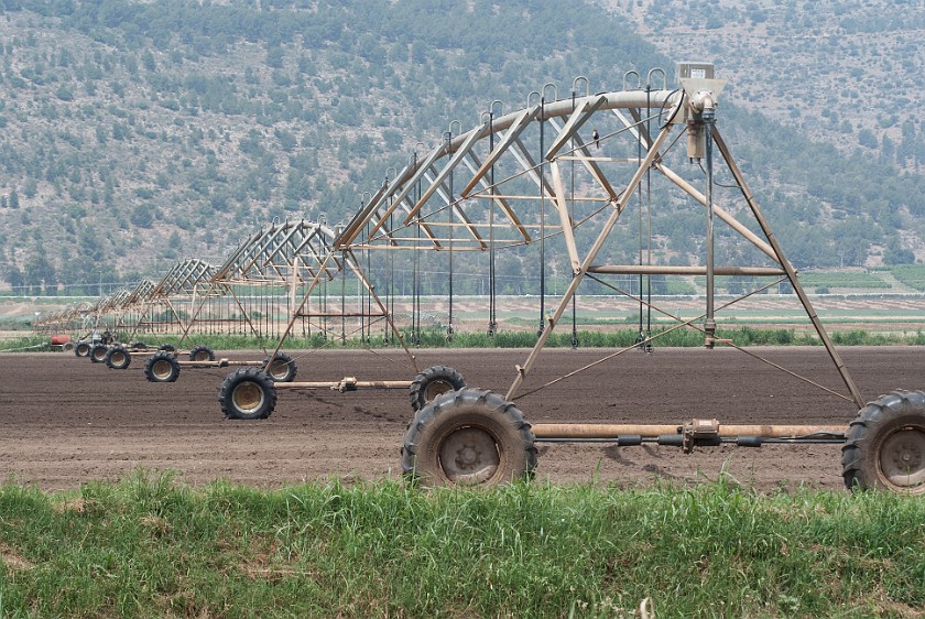 Hula Nature Reserve. Lateral move irrigation system. Hula Valley. .