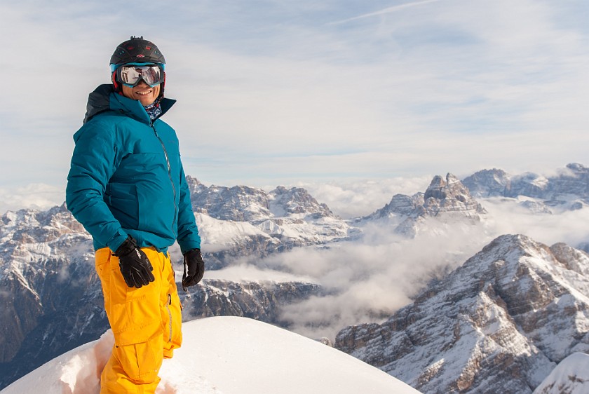 Cristallo. Portrait of friend with Tre Cime in the background. Cortina D'Ampezzo. .