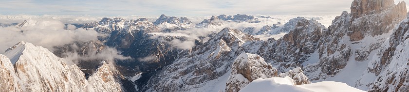 Cristallo. Panorama of the Dolomite Alps with Tre Cime. Cortina D'Ampezzo. .