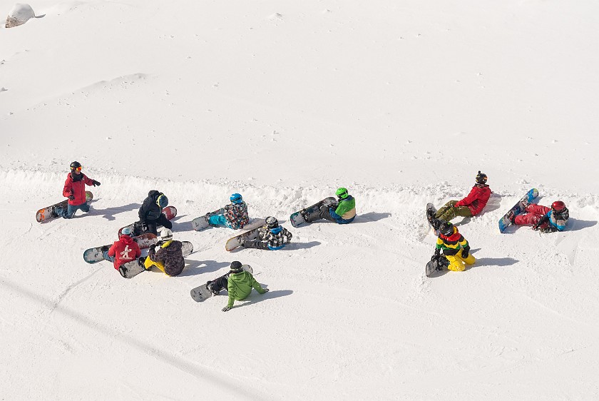 Cristallo. Group of snow boarders. Cortina D'Ampezzo. .