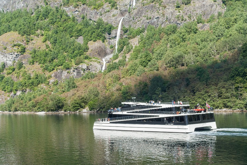 Cruise on the Nærøyfjord. Fjord tourist ship. near Gudvangen. .