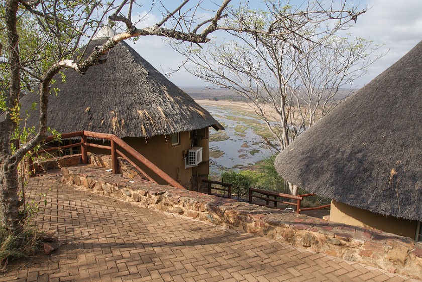 Kruger National Park. Rondavel bungalows with view on Olifants river. Olifants Rest Camp. .