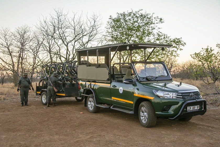 Kruger National Park. Safari truck with mountain bikes trailer. Olifants Rest Camp. .