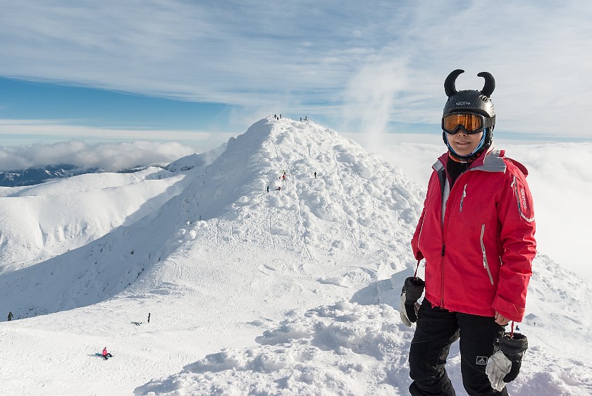 Skiing in the Jasna Low Tatras. Portrait with Chopok peak. Horná Lehota. .
