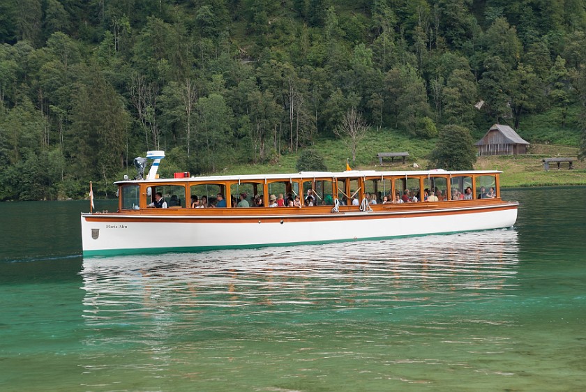 Hike to St. Bartholomä. Electric boat on the Königssee. near Berchtesgaden. .