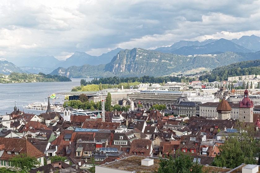 Lucerne. View from the city wall towards the harbour area and train station. Lucerne. .