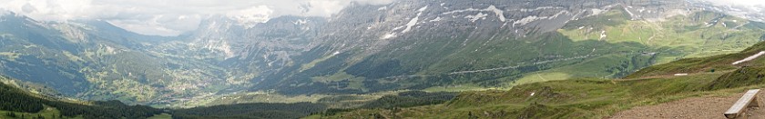 Rotsteckli Trail. Panoramic view on Grindelwald, the base of the Eiger and the cogwheel railway. near Wengen. .