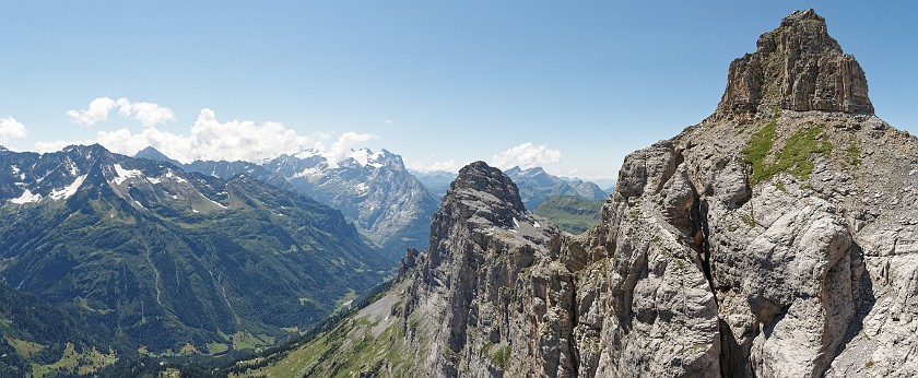 Tälli Via Ferrata. Panoramic view from the summit on the Gadmen valley and nearby mountains. Gadmen. .