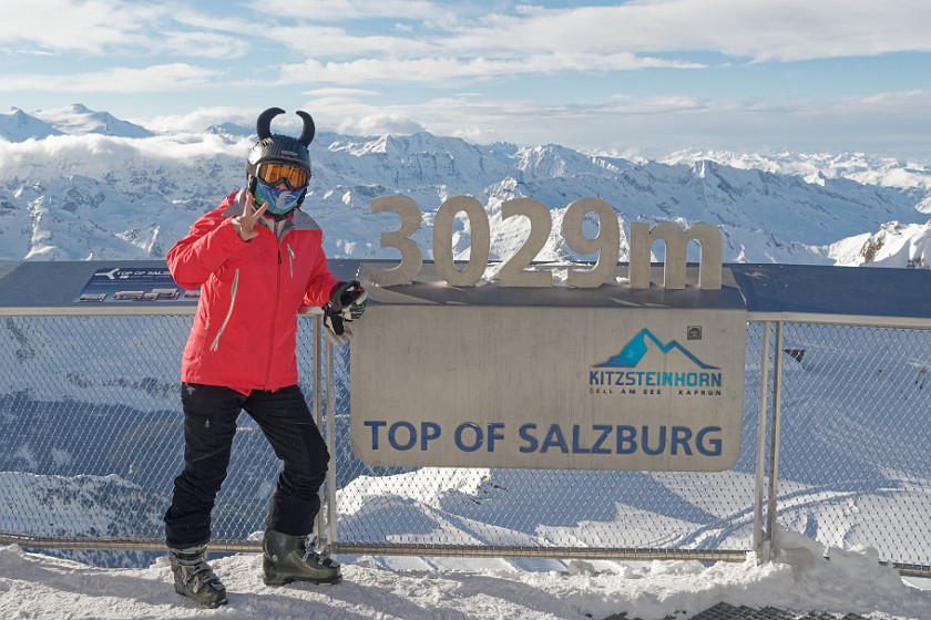 Skiing at the Kitzsteinhorn. Portrait at the Kitzsteinhorn summit station viewing platform. Kaprun. .