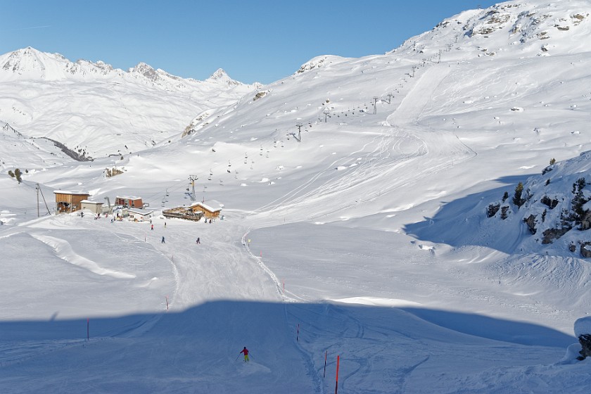 Skiing at the Corvatsch. View on Stüvetta Giand' Alva. Sankt Moritz. .