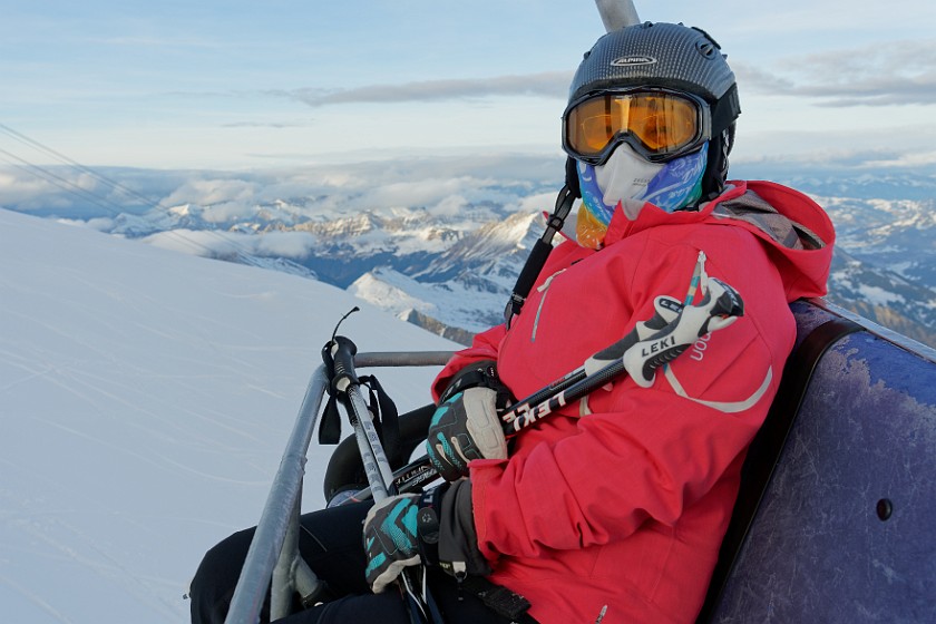 Skiing in the Glacier 3000 Area. Portrait in the chair lift. near Ormont-Dessus. .
