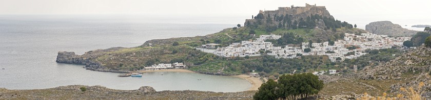 Lindos, Rhodes. Panoramic view on the village and acropolis. Lindos. .