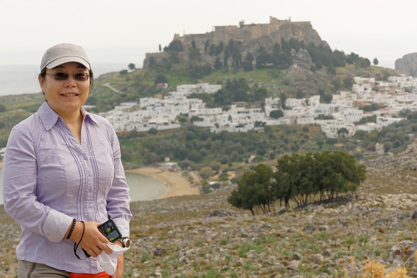 Lindos, Rhodes. Portrait in front of the village and acropolis. Lindos. .