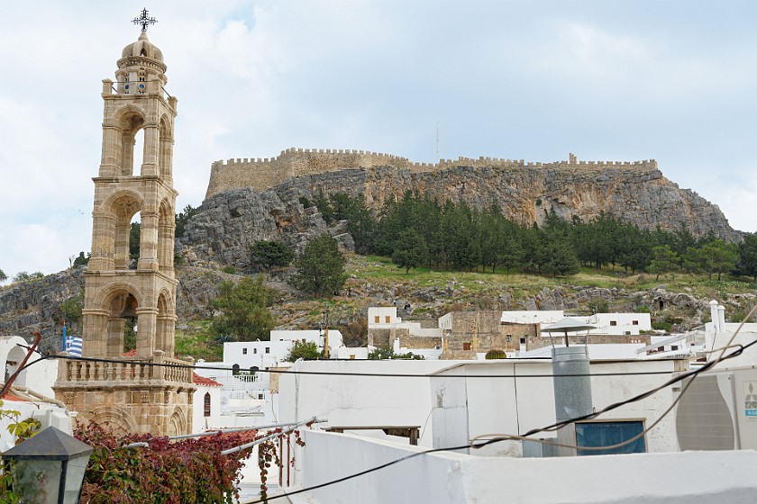 Lindos, Rhodes. Church tower and acropolis. Lindos. .