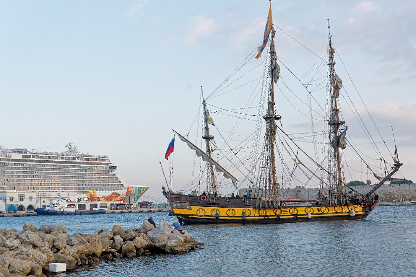 Rhodes Old Town. Historic sail ship replica entering Kolona harbor. Rhodes. .