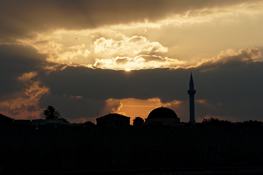 Rhodes Old Town. Sunset with silhouette of the mosque of Suleiman. Rhodes. .