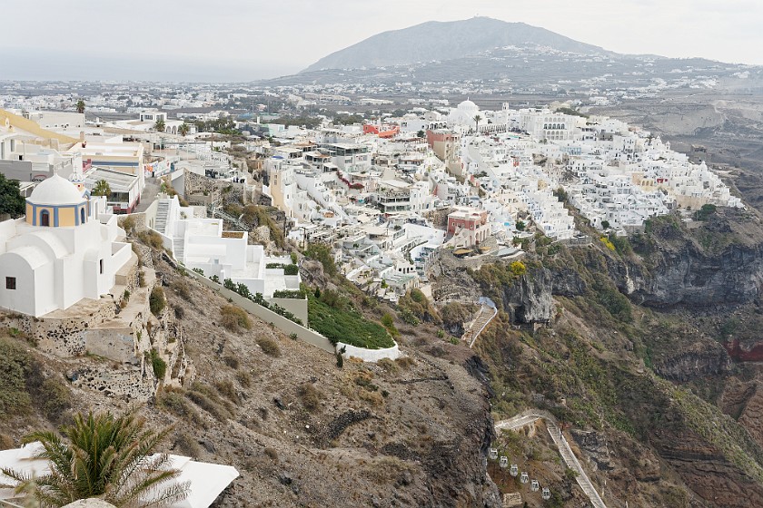 Fira, Santorini. Cable car, the Candlemas orthodox cathedral and Hotel Atlantis. Fira. .