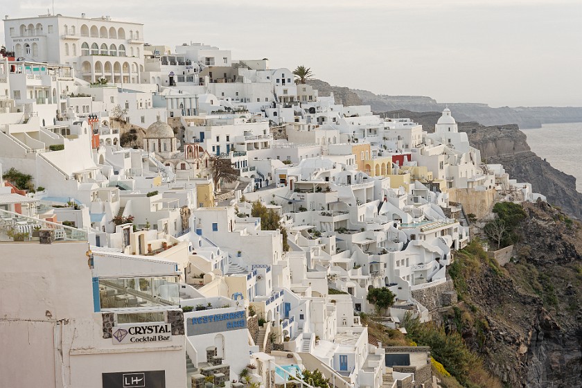 Fira, Santorini. Hotel Atlantis and the St Minas church. Fira. .