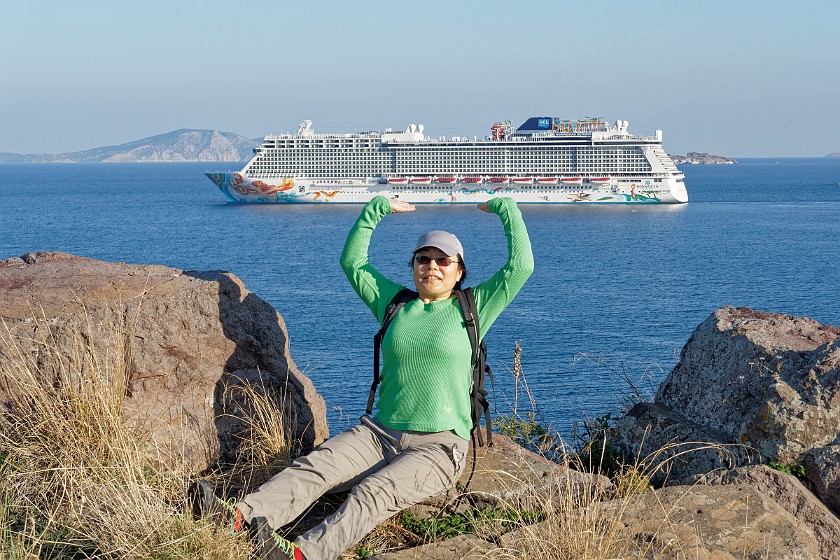 Skala, Patmos. Portrait with cruise ship. Skala. .