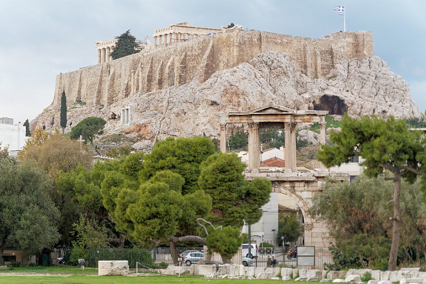 Athens Classic Bike Tour. Hadrian's arch and Acropolis. Athens. .