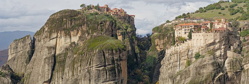 Meteora. Panoramic view on the monasteries of the Transfiguration of Christ and Varlaam. Kalampaka. .