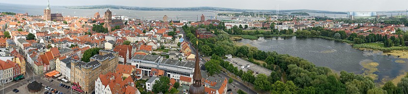 Stralsund. Panoramic view from the Marienkirche on Stralsund and Rügendamm bridge. Stralsund. .