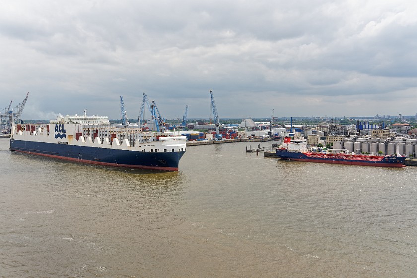 Hamburg Elbphilharmonie & Harbor. Container ship. Hamburg. .