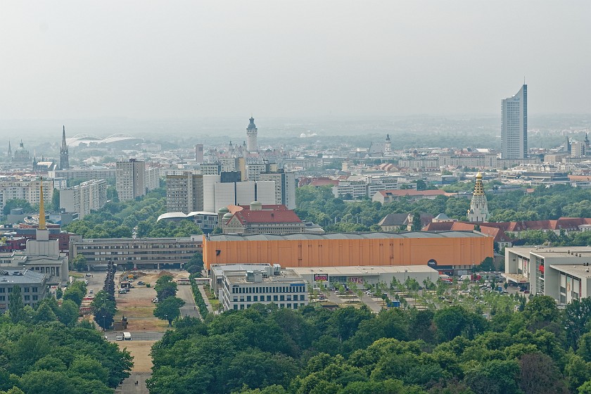 Monument to the Battle of the Nations. View on Leipzig with city high rised building, Thomaskirche, new city hall and RB Arena. Leipzig. .