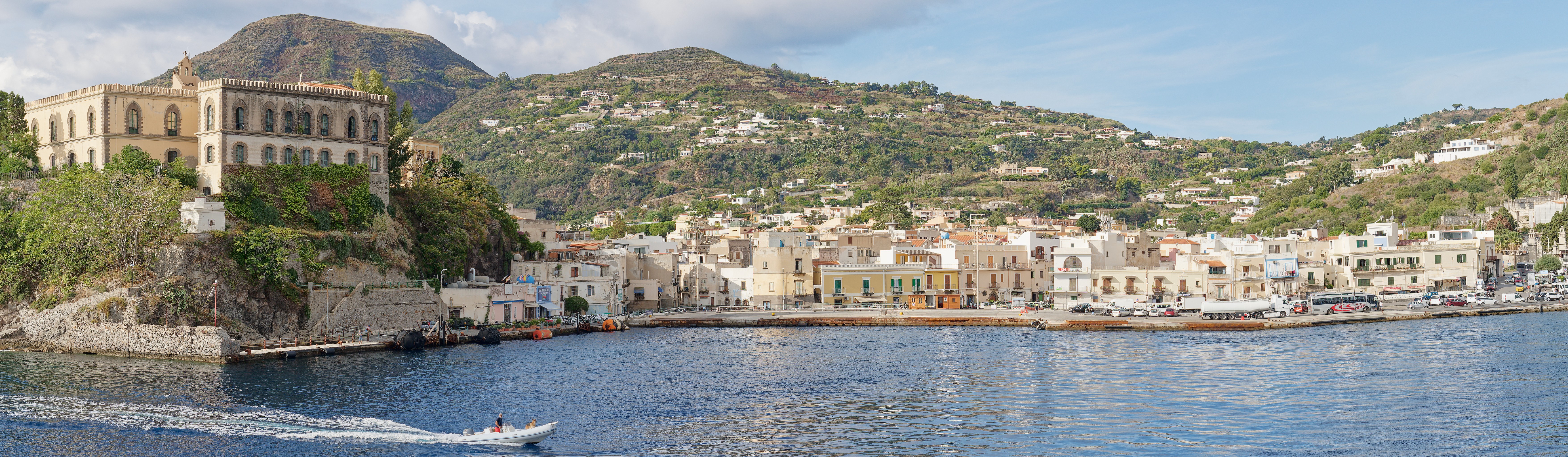 Lipari. Panoraamic view of the Lipari harbor and castle. Lipari. .