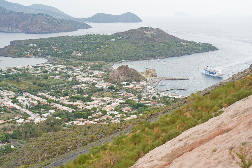 Hiking on Vulcano. View on Vulcano Porto and Vulcanello. Vulcano. .