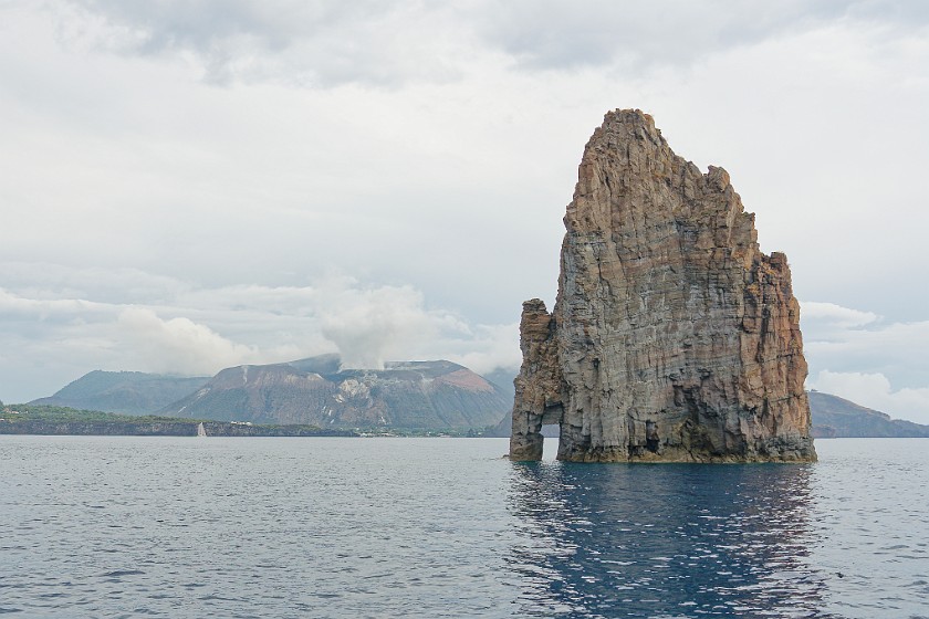 Hiking on Vulcano. View on the rock needle and Vulcano. Lipari. .