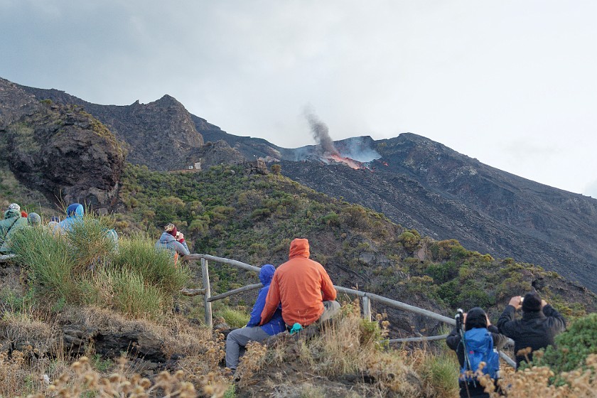 Hiking to the Stromboli Observation Platform. Tourists watching the volcano. Stromboli. .