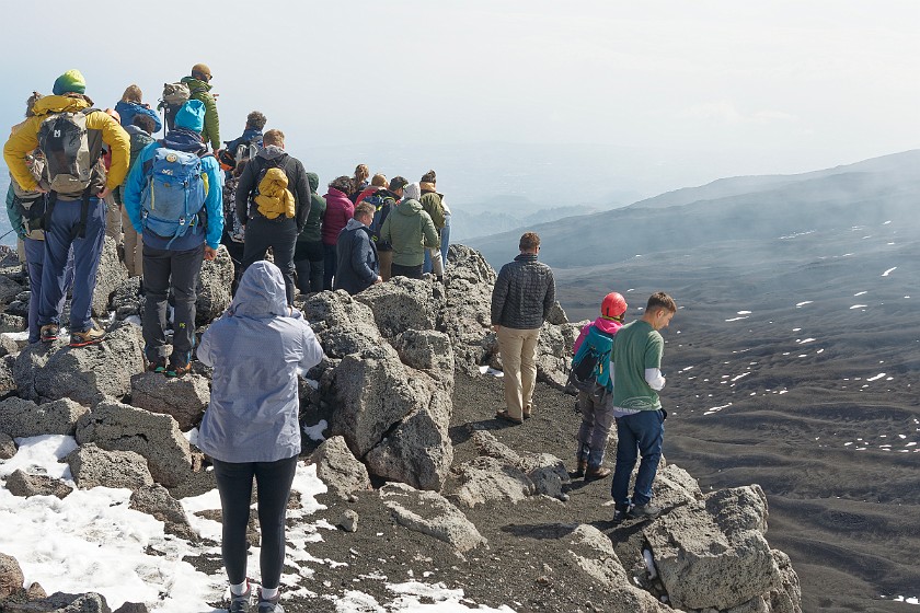 Hiking in the Etna North Area. Tourists at the Valle del Bove. Linguaglossa. .