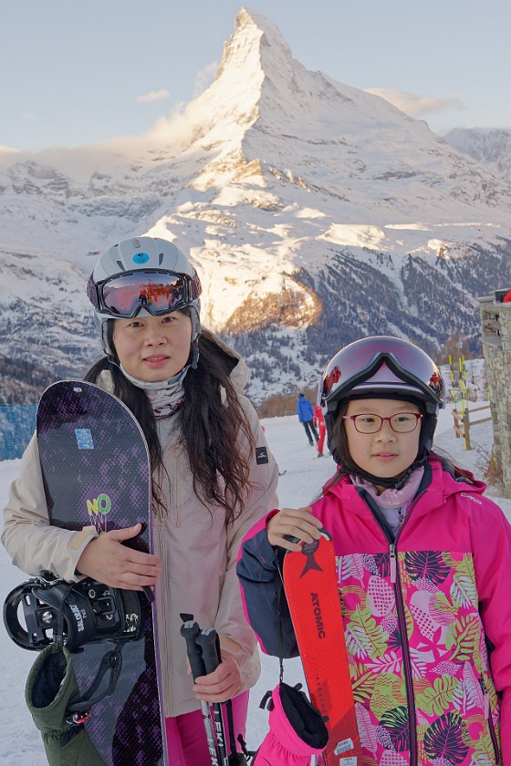 Skiing the Rothorn Area. Friend and daugther in front of the Matterhorn. near Zermatt. .